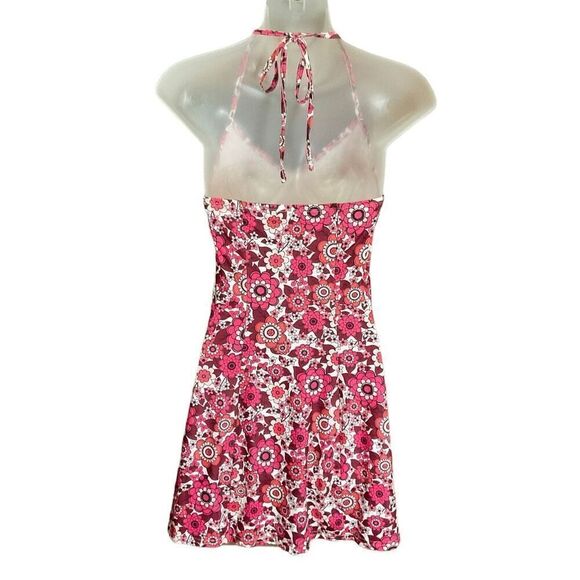 SHEIN Mini Halter Dress Tie V Neck Floral White Pink Black Open Back Size XS - Picture 2 of 8